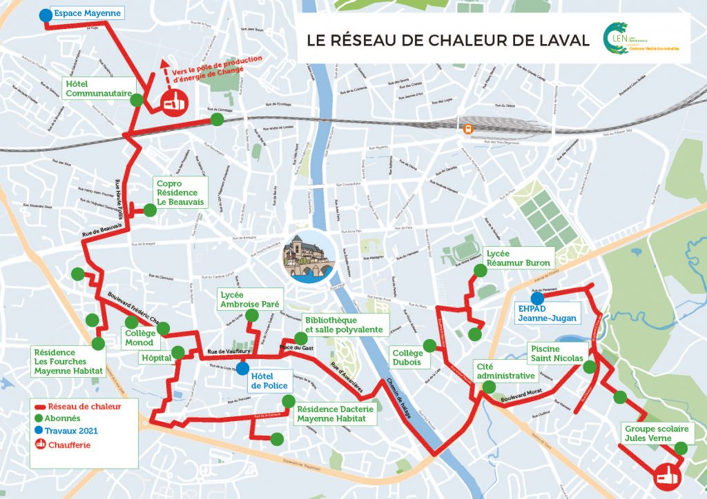 Carte du réseau de chaleur Laval Energie Nouvelle et des principaux bâtiments desservis.